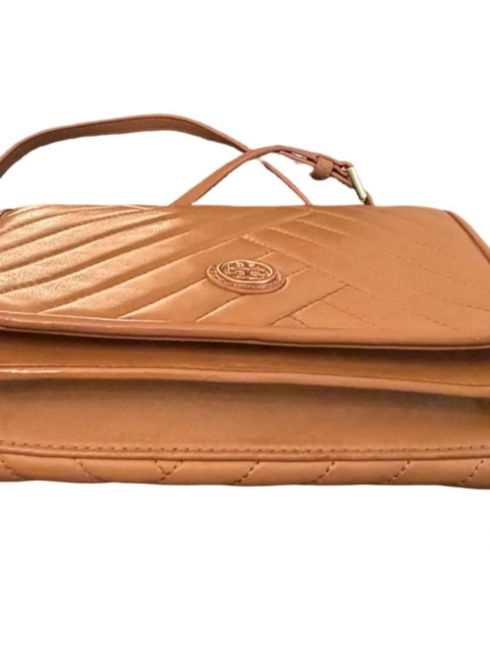 Tory Burch Alexa Crossbody Bag Quilted Chevron Tan Leather $428 Retail Gold Logo